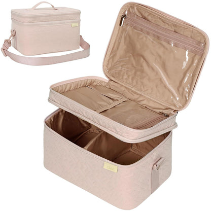 Beige travel case with open lid showing interior, on a white background