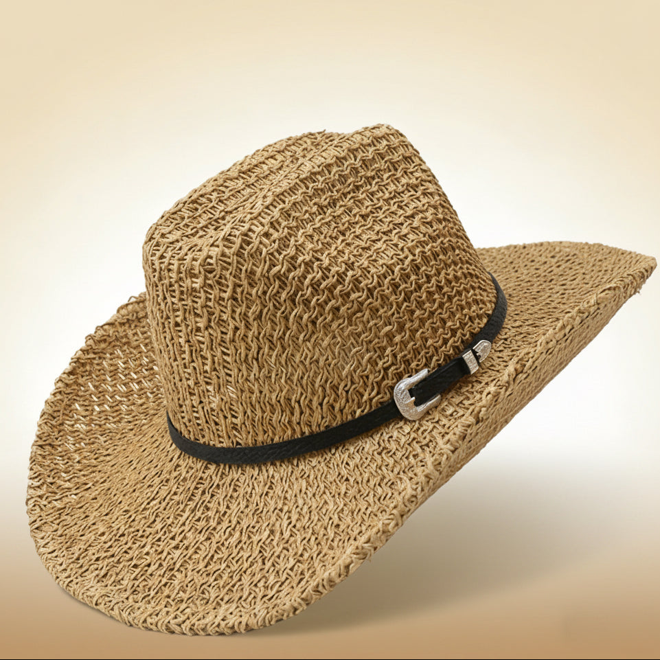 khaki straw cowboy hat wide brim woven western style
straw western hat black ribbon band metal buckle detail
breathable straw cowboy hat for beach rodeo outdoor wear
elegant woven straw hat wide brim sun protection