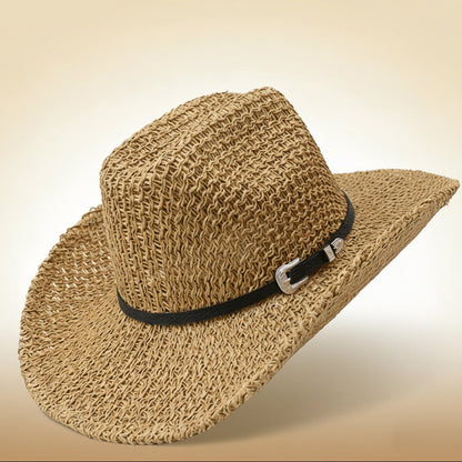 khaki straw cowboy hat wide brim woven western style
straw western hat black ribbon band metal buckle detail
breathable straw cowboy hat for beach rodeo outdoor wear
elegant woven straw hat wide brim sun protection