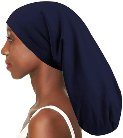 Satin lined long nightcap protecting braids and long hair
Adjustable sleep cap for dreadlocks and thick hairstyles
Woman wearing satin bonnet for frizz-free overnight hair
Long hair nightcap with secure comfortable fit
